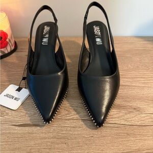 Jason Wu Black Pointed Slingback Heels with Silver Embellishments, NWT